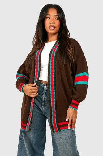 Womens Plus Contrast Stripe Oversized Cardigan - Brown - 16, Brown