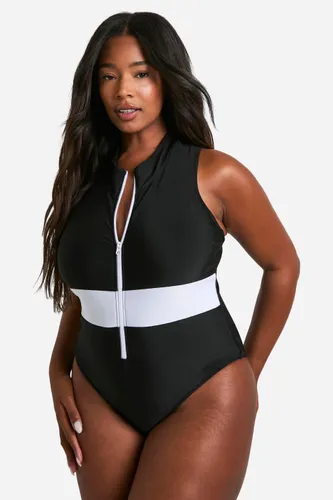 Womens Plus Contrast Zip Racer Swimsuit - Black - 16, Black