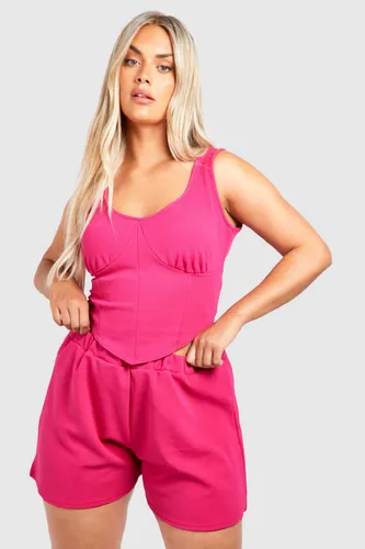 Womens Plus Corset Top And Flippy Short Co-Ord - Pink - 24, Pink