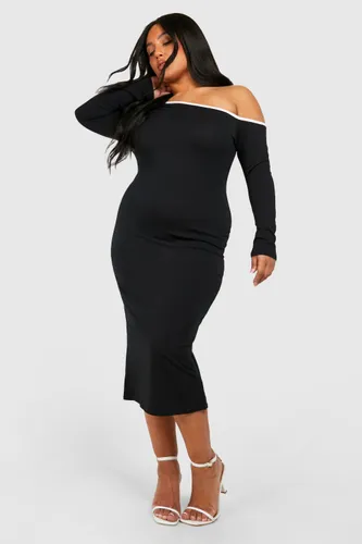 Womens Plus Cotton Elastance Contrast Off Shoulder Midi Dress - Black - 16, Black