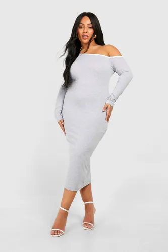Womens Plus Cotton Elastance Contrast Off Shoulder Midi Dress - Grey - 16, Grey