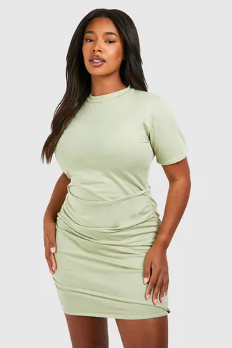 Womens Plus Cotton Elastane Ruched T-Shirt Dress - Green - 16, Green
