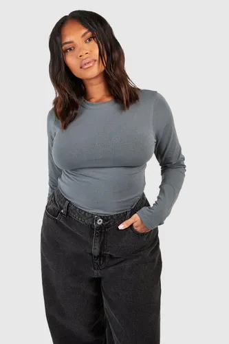 Womens Plus Cotton Long Sleeve Crew Neck Bodysuit - Grey - 28, Grey