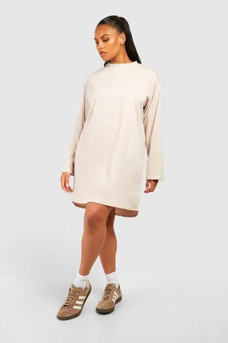 Womens Plus Cotton Long Sleeve Dipped Hem T-Shirt Dress - Beige - 18, Beige