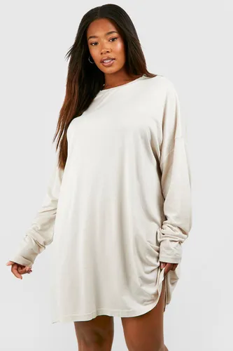Womens Plus Cotton Long Sleeve Oversized T-Shirt Dress - Beige - 16, Beige