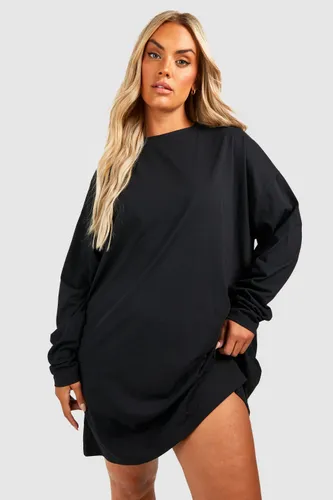 Womens Plus Cotton Long Sleeve Oversized T-Shirt Dress - Black - 18, Black
