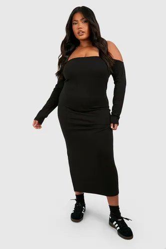 Womens Plus Cotton Off Shoulder Midi Dress - Black - 16, Black