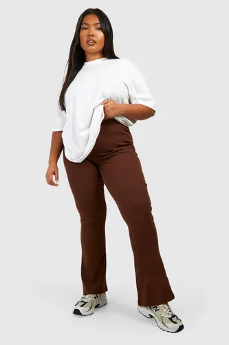 Womens Plus Cotton Rib Basic Flare Trousers - Brown - 28, Brown
