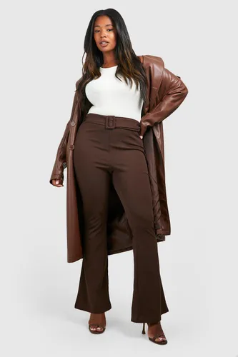 Womens Plus Crepe Belt Detail Flare Trouser - Brown - 28, Brown