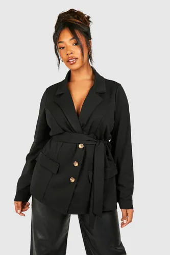 Womens Plus Crepe Belted Blazer - Black - 16, Black