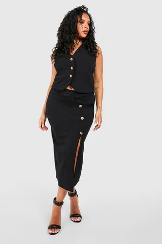 Womens Plus Crepe Button Front Split Midaxi Skirt - Black - 16, Black