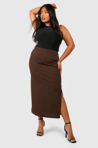 Womens Plus Crepe Side Split Midaxi Skirt - Brown - 16, Brown