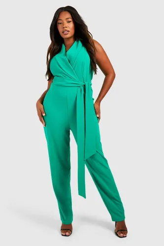 Womens Plus Crepe Tie Front Tapered Tailored Jumpsuit - Green - 28, Green