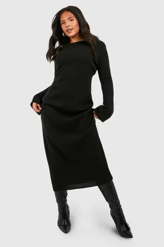 Womens Plus Crew Neck Flare Sleeve Knitted Midaxi Dress - Black - 22, Black