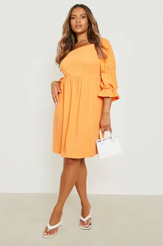 Womens Plus Crinkle Puff Long Sleeve Smock Dress - Orange - 16, Orange