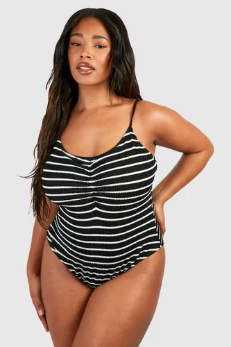 Womens Plus Crinkle Stripe Ruched Detail Swimsuit - Black - 16, Black