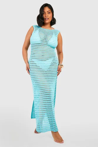 Womens Plus Crochet Low Back Maxi Dress - Green - 16, Green