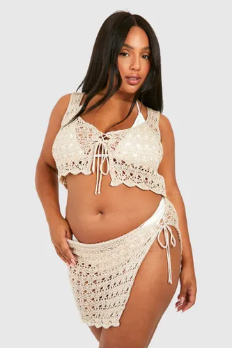 Womens Plus Crochet Top And Mini Skirt Beach Co-Ord - White - 16, White