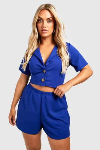 Womens Plus Cropped Blazer And Short Co-Ord Set - Blue - 24, Blue
