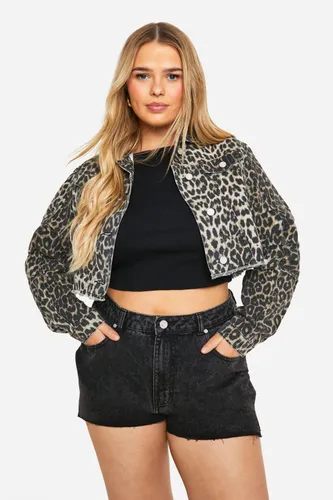 Womens Plus Cropped Oversized Leopard Denim Jacket - Multi - 16, Multi
