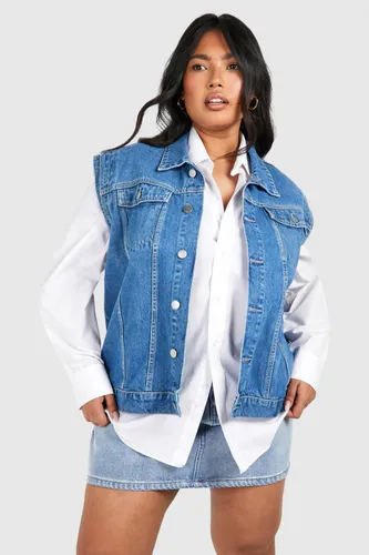 Womens Plus Denim Oversized Sleeveless Jacket - Blue - 16, Blue