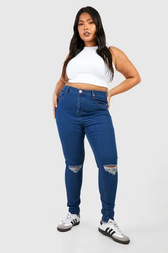 Womens Plus Denim Rip Knee & Frayed Hem Skinny Jeans - Blue - 16, Blue