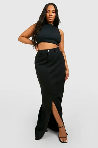 Womens Plus Denim Split Front Maxi Skirt - Black - 16, Black