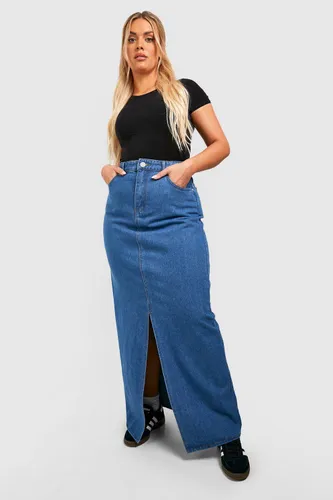 Womens Plus Denim Split Front Maxi Skirt - Blue - 28, Blue