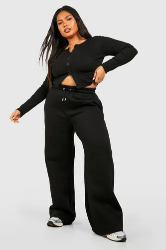 Womens Plus Double Zip Long Sleeve Rib Top And Straight Leg Set - Black - 28, Black