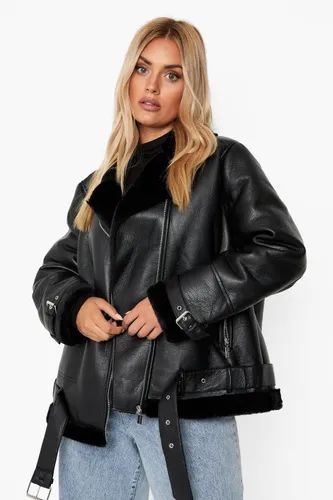 Womens Plus Faux Leather Lined Oversized Aviator Jacket - Black - 28, Black
