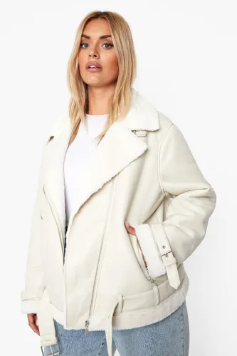 Womens Plus Faux Leather Lined Oversized Aviator Jacket - White - 28, White