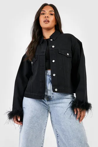 Womens Plus Feather Cuff Oversized Denim Jacket - Black - 20, Black