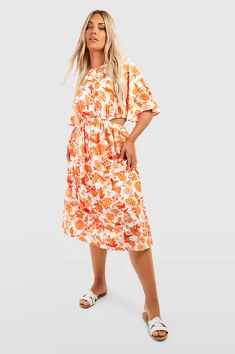 Womens Plus Floral Angel Sleeve Midi Dress - Orange - 16, Orange