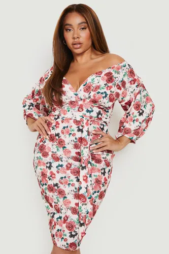 Womens Plus Floral Off The Shoulder Midi Dress - Pink - 18, Pink