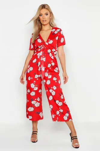 Womens Plus Floral Print Knot Front Culotte Jumpsuit - Red - 26, Red