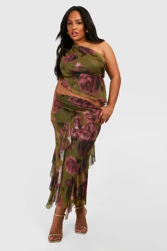 Womens Plus Floral Print Mesh Ruffle Detal Midaxi Skirt - Green - 16, Green
