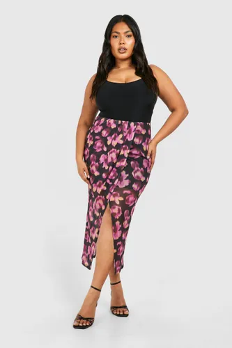 Womens Plus Floral Print Wrap Detail Split Midaxi Skirt - Black - 16, Black