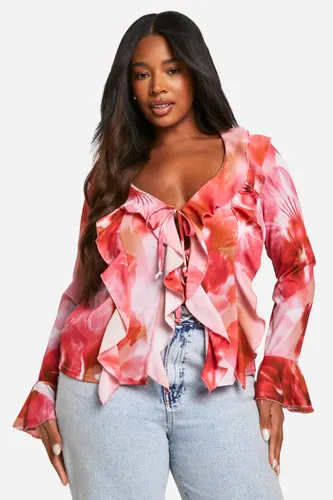 Womens Plus Floral Ruffle Front Blouse - Pink - 16, Pink