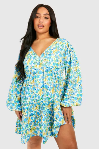 Womens Plus Floral Tiered Smock Dress - Blue - 18, Blue