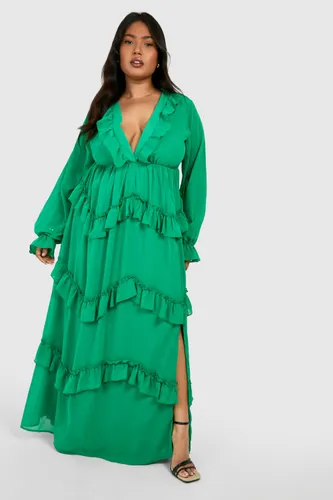 Womens Plus Frill Plunge Ruffle Maxi Dress - Green - 28, Green