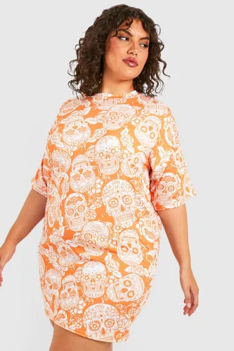 Womens Plus Halloween Floral Skull T-Shirt Dress - Orange - 24, Orange