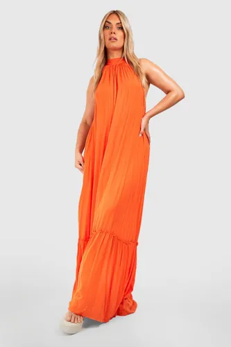 Womens Plus Halter Tiered Maxi Smock Dress - Orange - 28, Orange