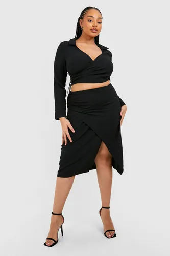 Womens Plus Hammered Satin Wrap Midi Skirt - Black - 22, Black