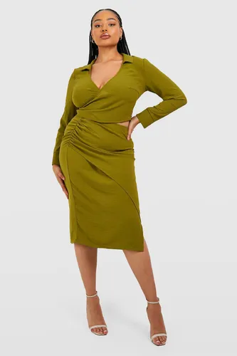 Womens Plus Hammered Satin Wrap Midi Skirt - Green - 16, Green
