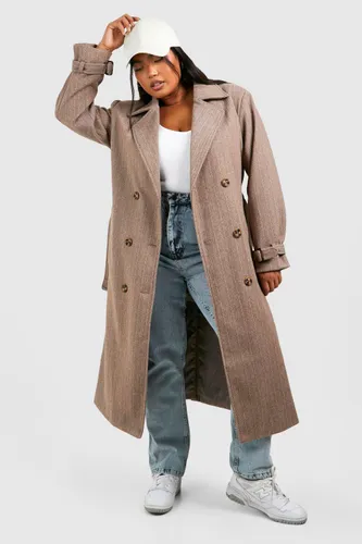 Womens Plus Herringbone Belted Wool Look Trench Coat - Brown - 16, Brown