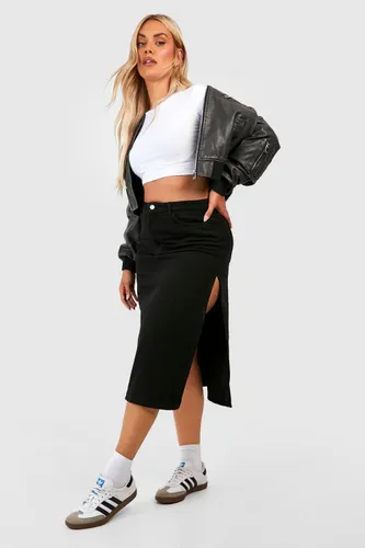 Womens Plus High Waisted Side Split Denim Midaxi Skirt - Black - 24, Black