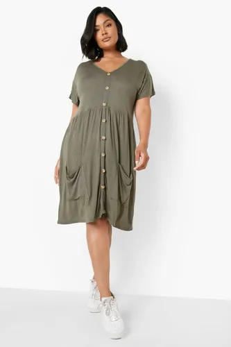 Womens Plus Jersey Button Down Pocket Smock Dress - Green - 16, Green