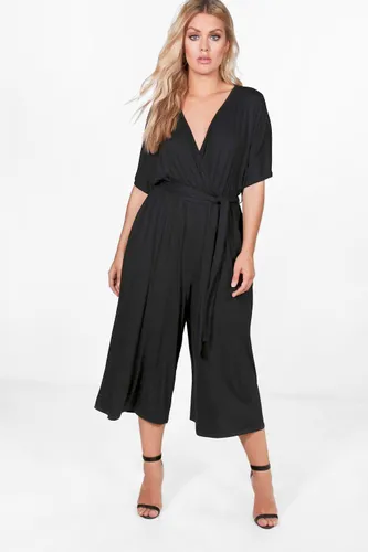 Womens Plus Jersey Kimono Sleeve Wrap Jumpsuit - Black - 28, Black