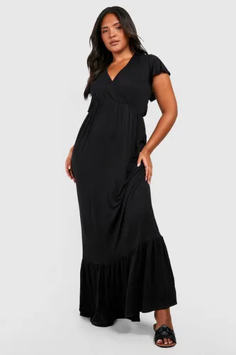 Womens Plus Jersey Ruffle Maxi Dress - Black - 16, Black