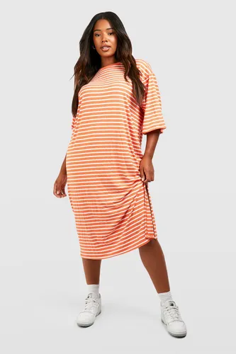 Womens Plus Jersey Stripe Midi T-Shirt Dress - Orange - 16, Orange